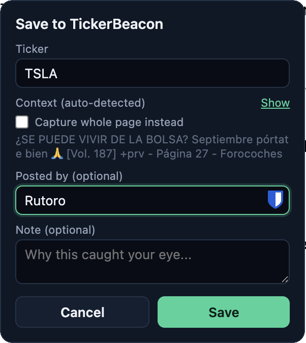 TickerBeacon extension popup capturing a forum post about $TSLA, with auto-detected context and an optional note field