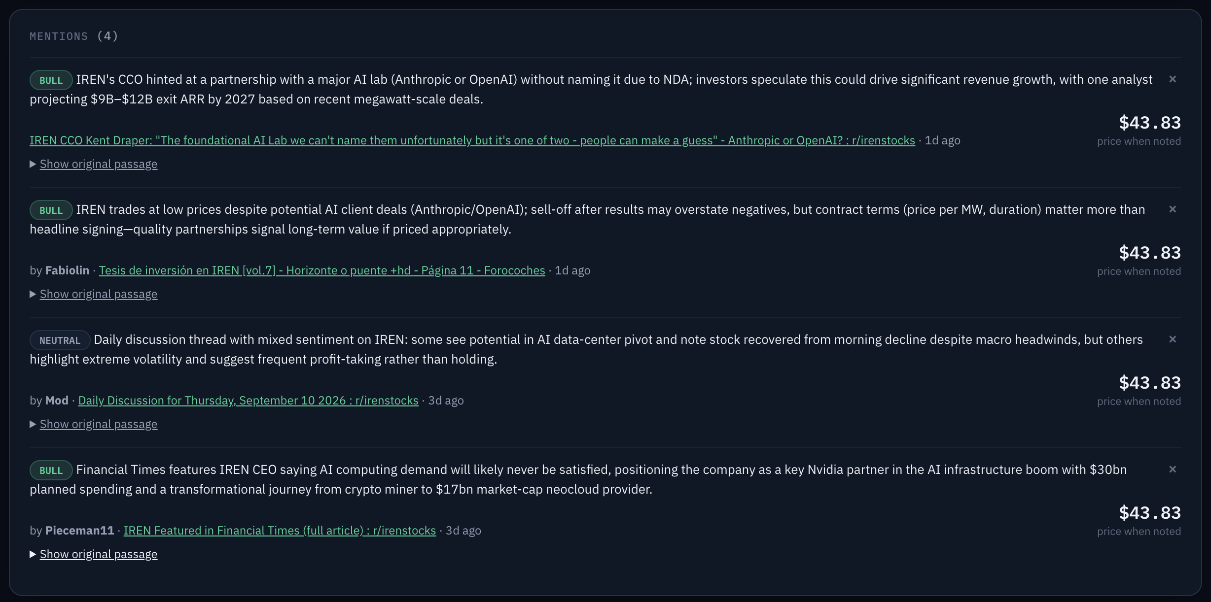 TickerBeacon mentions panel showing AI-tagged bull, bear, and neutral summaries with sources and prices